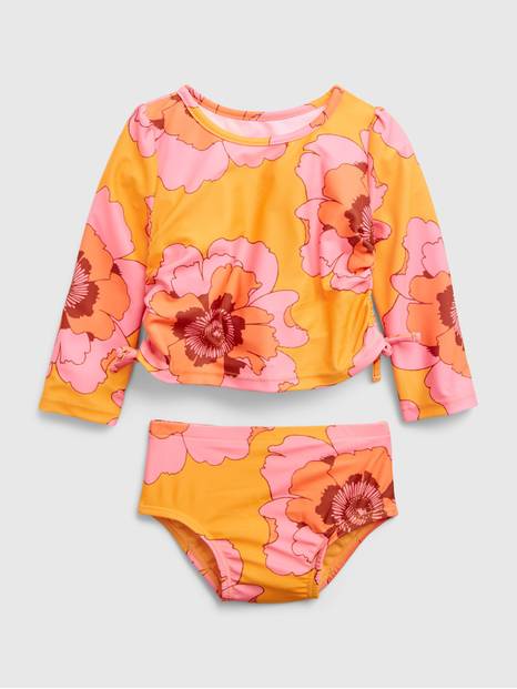 لباس سباحة قماش 100‏%‏ خامات معاد تدويرها بنقشة زهور للأطفال الرضع (قطعتان)
