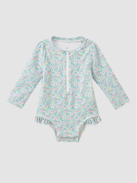 Baby Ruffle Trim Printed One-Piece Swimsuit with Hat
