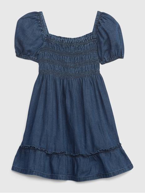Toddler Smocked Puff Sleeve Denim Dress with Washwell